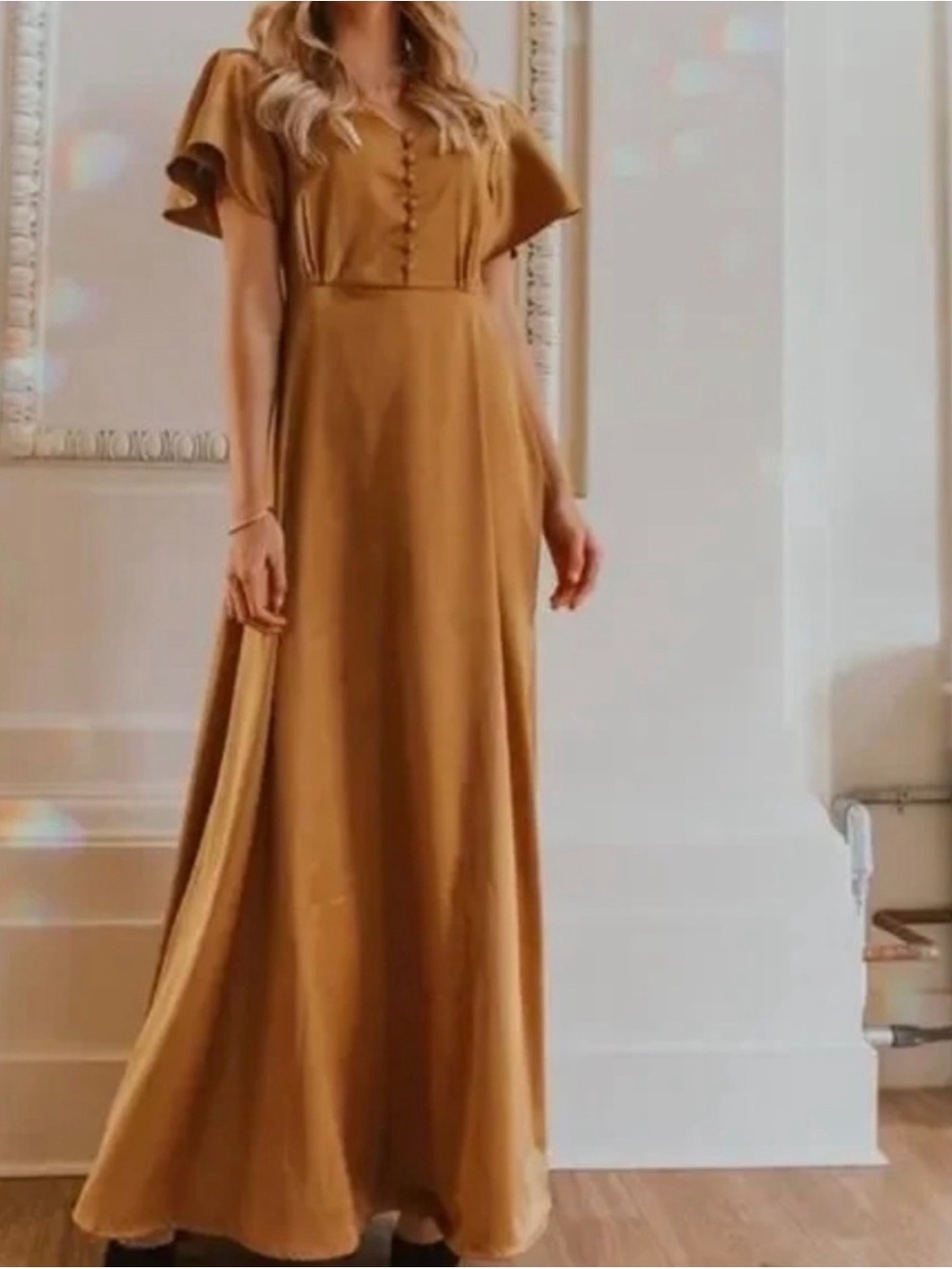 Ivy City Co Mustard Flutter-Sleeve Maxi Wedding Dress